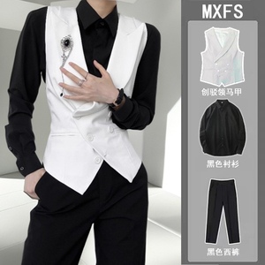 西服马甲白色痞帅高级感男女中性风雅痞英伦枪驳领西装休闲马夹男