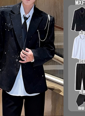 高级感黑色满天星西装外套男垫肩帅气百搭韩版流行链条小西服上衣
