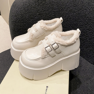 女2025新款 女棉鞋 秋冬加绒小皮鞋 玛丽珍单鞋 爆款 9cm超厚底乐福鞋