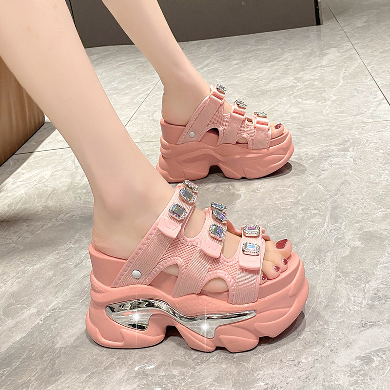 超高跟拖鞋10cm2025年新款夏季外穿水钻厚底坡跟小个子内增高女鞋,女鞋,时装凉鞋,淘宝优惠券,粉丝福利购,淘宝优惠卷