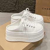 无后跟小个子增高松糕小白鞋 8cm厚底包头半拖鞋 女2025春夏新款