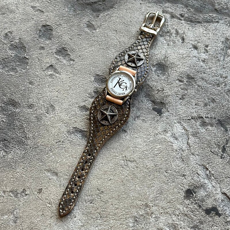 官方代理日本KC,s 天然蟒蛇皮配牛皮美式复古五星硬币扣手环