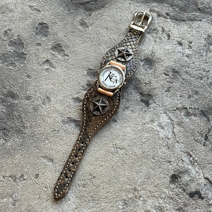 官方代理日本KC,s 天然蟒蛇皮配牛皮美式复古五星硬币扣手环