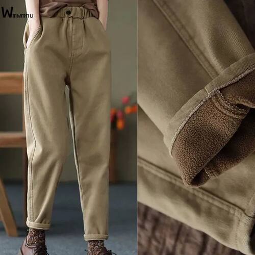 Women Khaki High Waist Plus Velvet Ankle-length Pants Winter