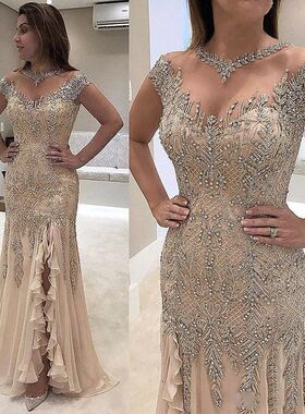 Luxury Sheer Neck Mermaid Prom Dresses Beading Sequined High