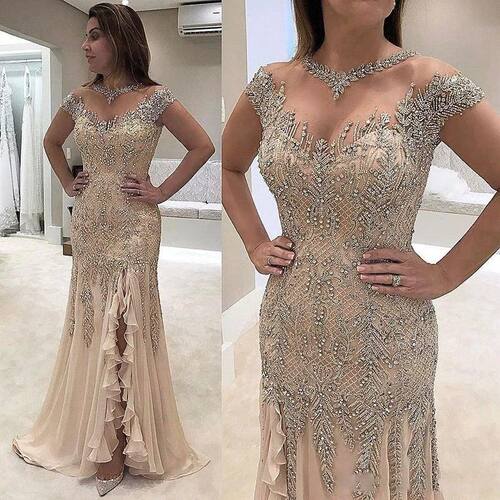 Luxury Sheer Neck Mermaid Prom Dresses Beading Sequined High
