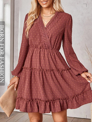 Chic Long Sleeve Autumn Ruffle  Dress Sexy V-neck Patchwork