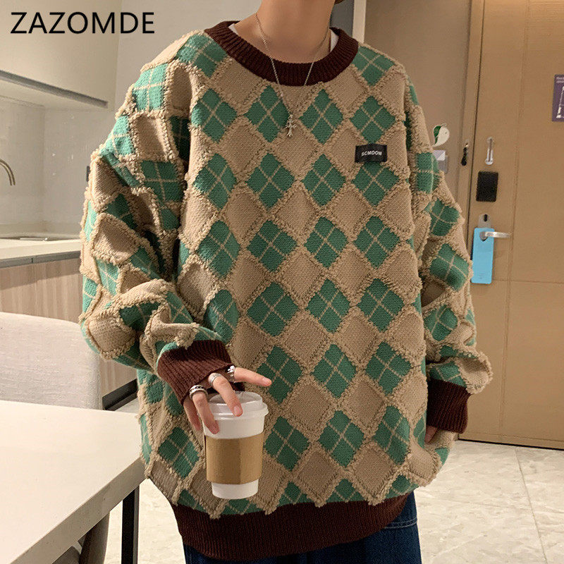 ZAZOMDE Men Hip Hop Sweaters Streetwear Retro Knitted Pullov