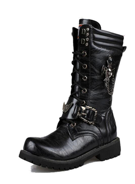 Men's Leather Motorcycle Boots Mid-calf Military Combat Boot