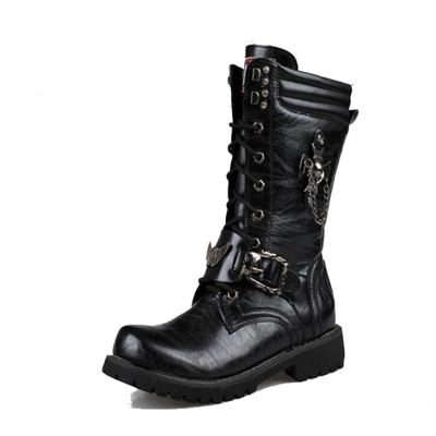 Men's Leather Motorcycle Boots Mid-calf Military Combat Boot