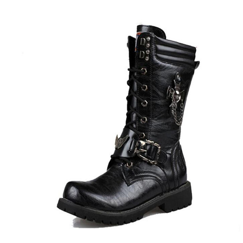 Men's Leather Motorcycle Boots Mid-calf Military Combat Boot