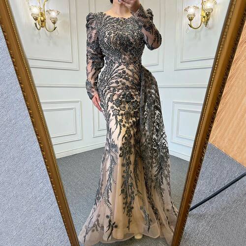 Serene Hill Luxury Burgundy Mermaid  Evening Dress with Over