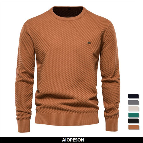 AIOPESON Solid Color Cotton Men's Sweater Striped O-Neck Kni