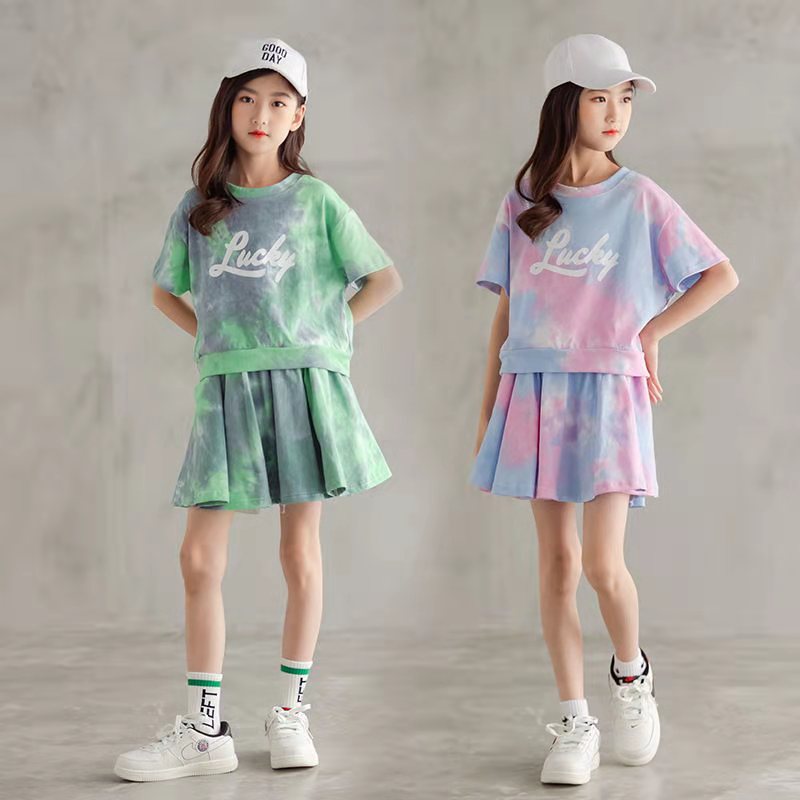 Girls Summer Suit 2023 Kids Short Sleeve Top +skirts 2pc Ski