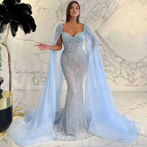 Serene Hill Blue  Luxury Beaded  Mermaid Cape Sleeves Evenin