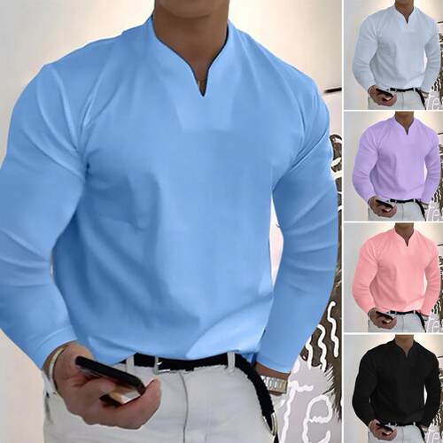 Casual V-Neck Solid Tees Men Shirts Long Sleeves Pullover Co