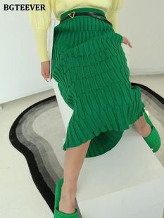 BGTEEVER Elegant High Waist Wrapped Knitted Skirts Women Pen