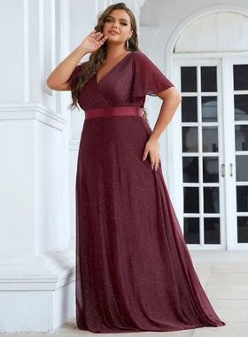 Plus Size Evening Dress Deep V Neck Ruffles Sleeve 2024 Ever