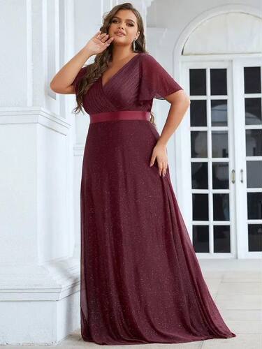 Plus Size Evening Dress Deep V Neck Ruffles Sleeve 2024 Ever