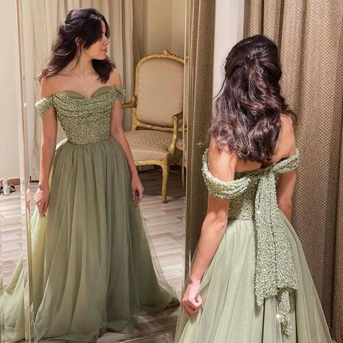 Sharon Said Elegant Off Shoulder Sage Evening Dresses for Wo