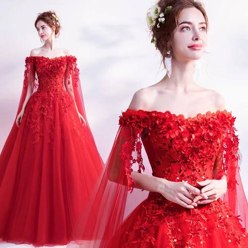 Long wrap red off shoulder lady girl women prom dress party