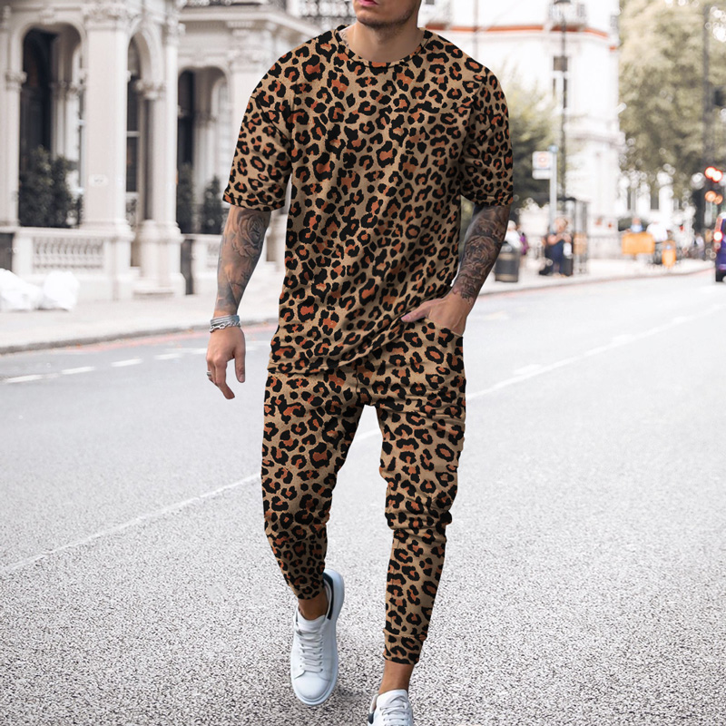Leopard Print T-shirt Trousers New Fashion Men's Streetwear