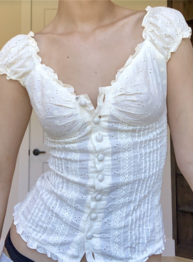 Dourbesty Kawaii White Corset Top 2000s T-Shirts Lace Trim V