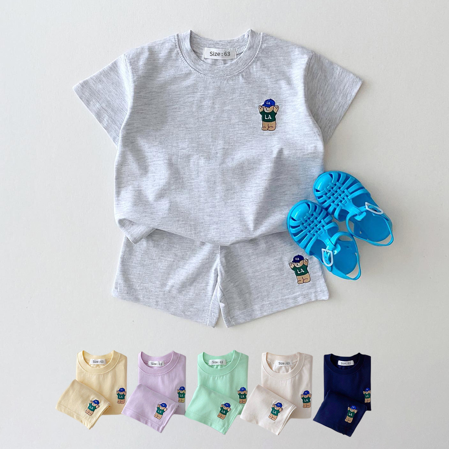 2023 Summer Korea Baby Boys Suit Embroidered Bear Badge Tees