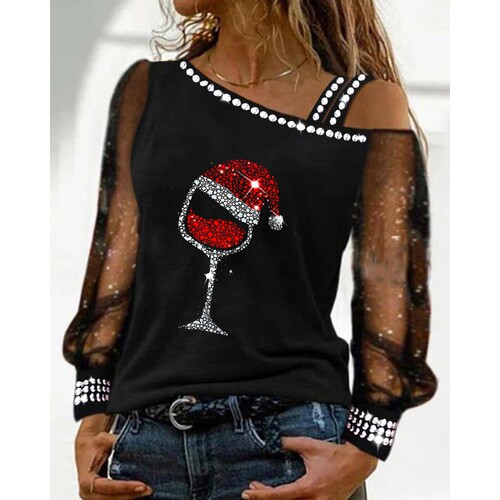 Women Christmas Wine Glass Print Contrast Mesh Cold Shoulder