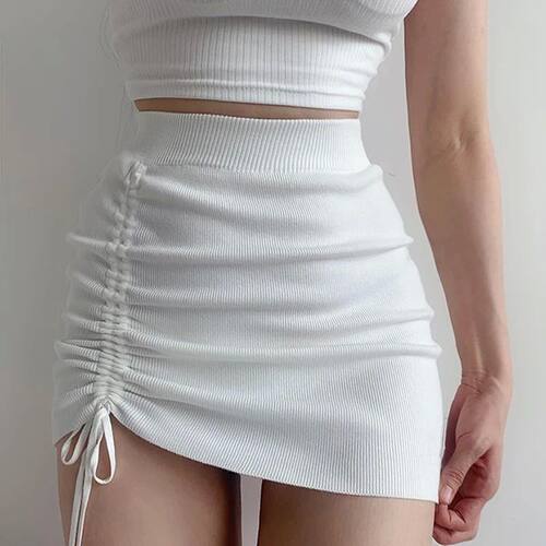 White High Waist Stch Side Drawstring Skirt Women Club Slim