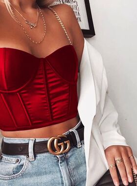 90s Women Corset Top Chain Strap Padded Bustier Cropped Summ