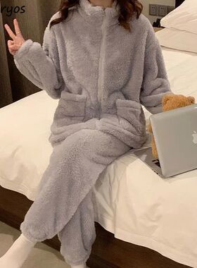 Flannel Pajama Sets Women Warm Ins Thick Chic Ulzzang Comfor