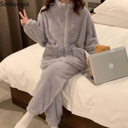 Flannel Pajama Sets Women Warm Ins Thick Chic Ulzzang Comfor