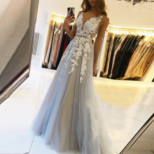 BEPEITHY V Neck Long Prom Dresses 2022 For Women Sexy Gray S