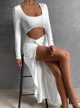 Mozision Hollow Out High Split Maxi Dress For Women Robe Cla