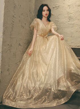 Champang Evening Dress Women Elegant Beaded Pearls V-Neck Ba