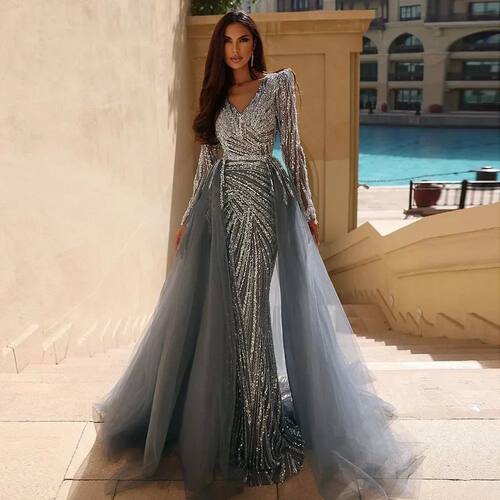 Serene Hill Dubai Mermaid Beaded Luxury Blue   Evening Dress