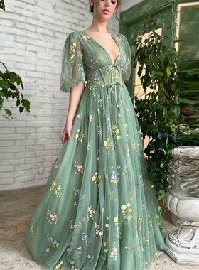 Sevintage Green Embroidery Lace Prom Dresses Puff Sleeves A-