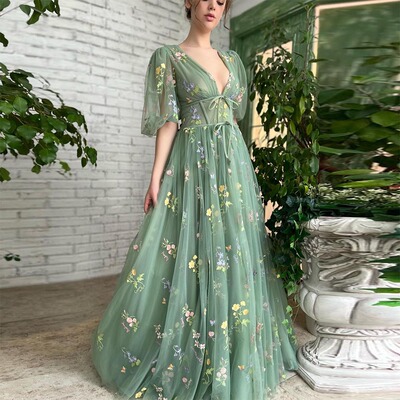 Sevintage Green Embroidery Lace Prom Dresses Puff Sleeves A-