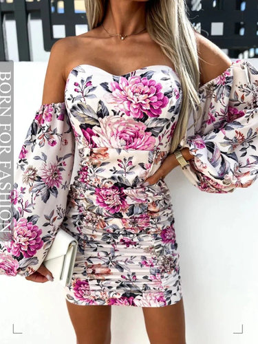 Floral Print Women Bodycon Party Dress Sexy Off-Shoulder Lo