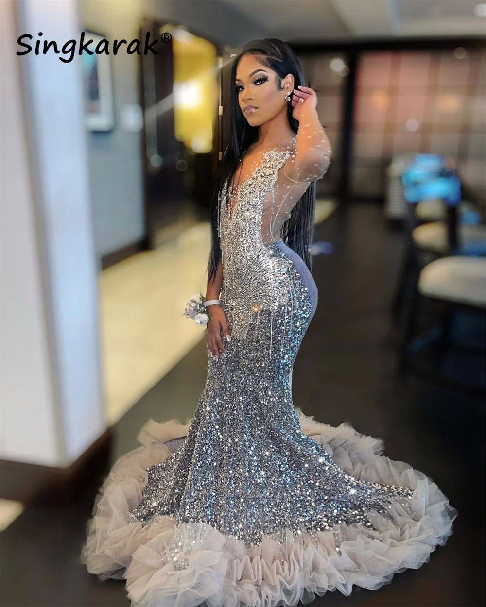 Luxury Sparkly Diamonds Prom Dress 2024 For Black Girls Mesh - 实物图