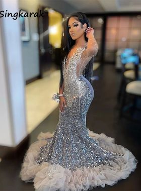 Luxury Sparkly Diamonds Prom Dress 2024 For Black Girls Mesh