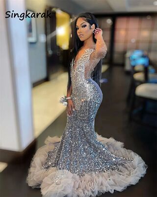 Luxury Sparkly Diamonds Prom Dress 2024 For Black Girls Mesh