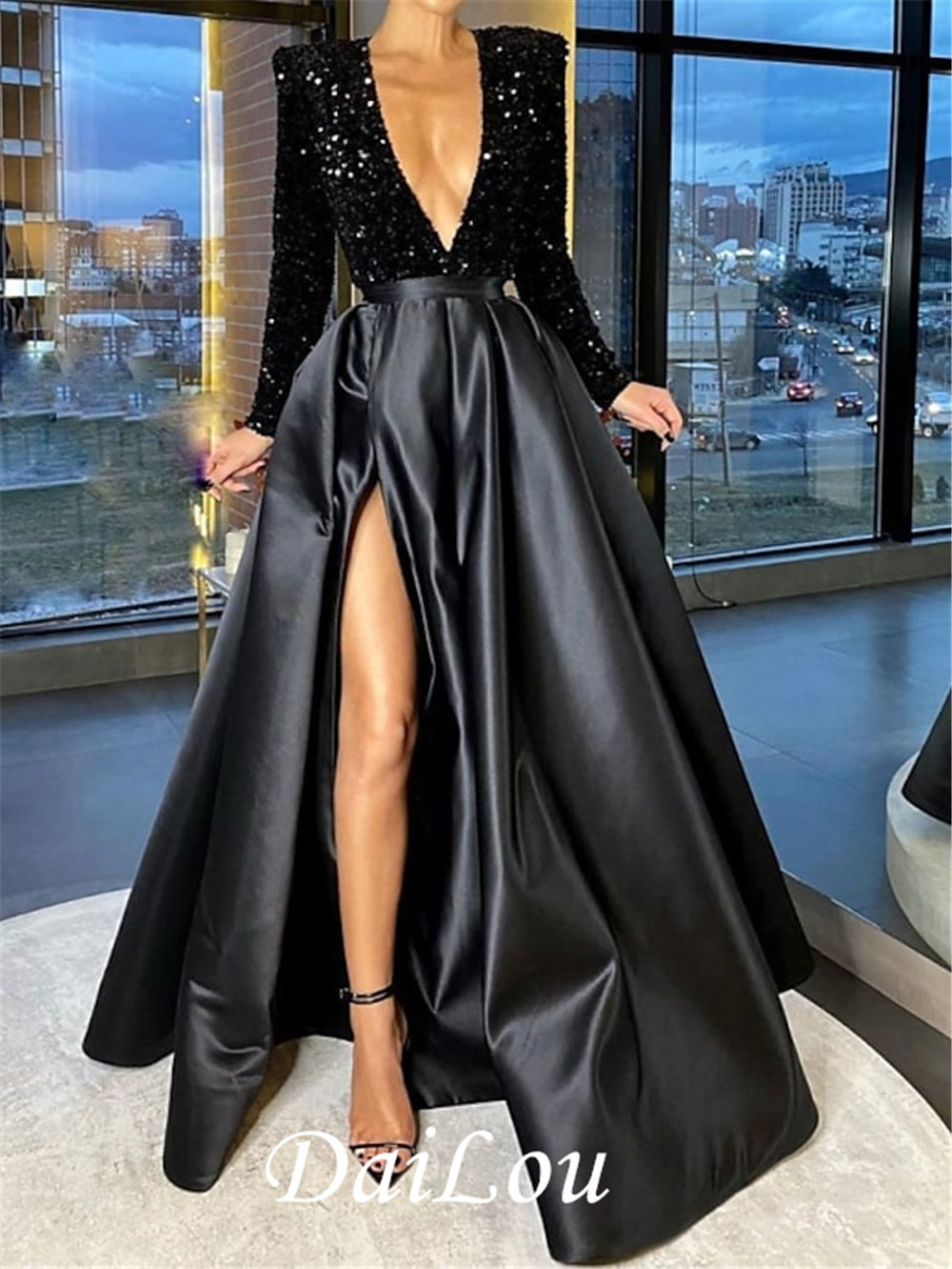 A-Line Sparkle Party Wear Formal Evening Dress V Neck Long S - 实物图