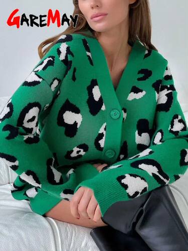 Winter Beige Leopard Print Cardigan Women with Buttons Overs