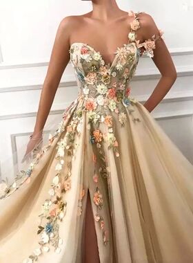 2024 Champagne Flowers Split A-Line Prom Dresses Women Party