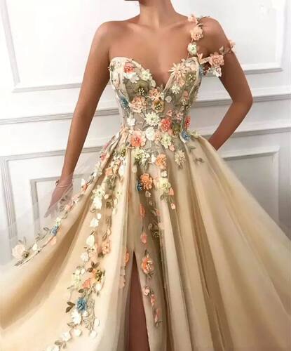 2024 Champagne Flowers Split A-Line Prom Dresses Women Party