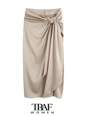 TRAF Women Fashion With Knotted Gathered Front Slit Midi Ski