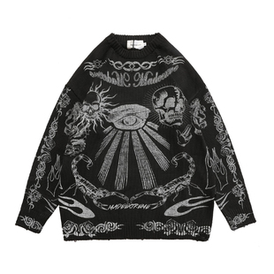 Men High Set Sweater Vintage Disssed Skull Graffiti Knitted