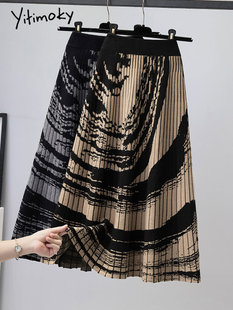 Yitimoky Print Pleated Skirts Women Fall Winter New High Wa